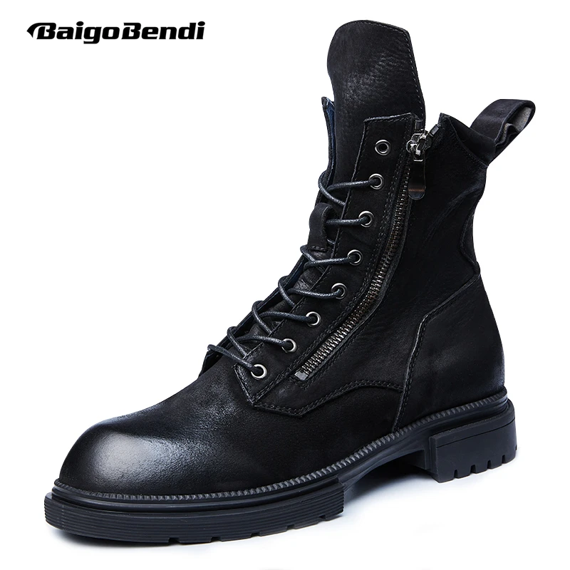 COOL ! Men's Leather Lace-up Mid-calf Retro Riding Boots Fashion Man All-match Winter Shoes