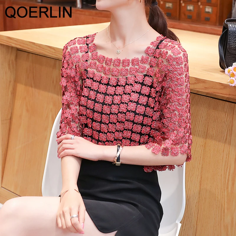 QOERLIN 2 Pieces Embroidered Chiffon Shirt Summer Suspender Top Two Piece Lace Hollow Mesh Top Sexy Temperament Pullover Blouse