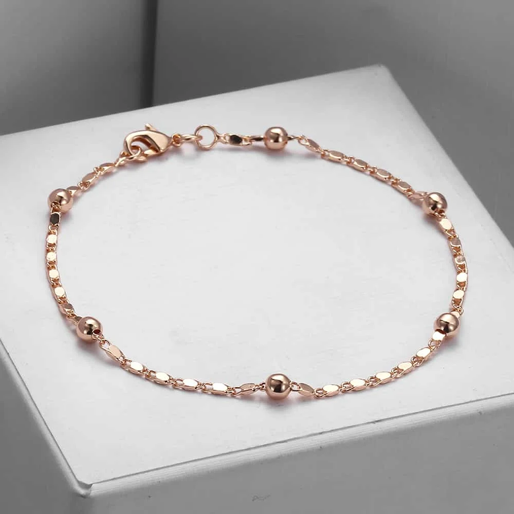 2mm Marina Stick Bead Link Chain Bracelet for Women Girl 585 Rose Gold Color Bracelet Elegant Fashion Jewelry Gifts CB11A