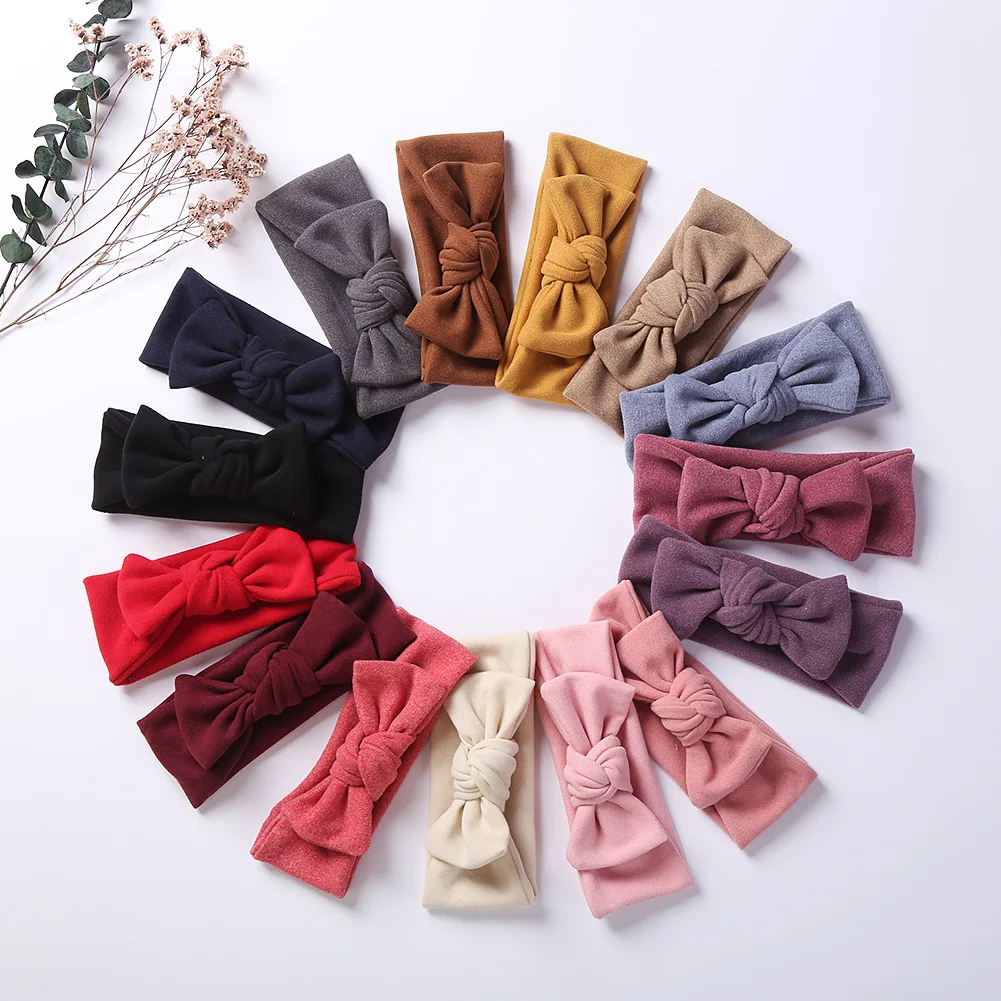 30pc/lot Solid Cashmere Hair Bow Headbands Baby Bowknot Headband Newborn Bow Elastic Hairbands Kids Girl Party Hair Accessories