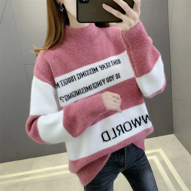 

Autumn Winter Fashion Half High Collar Faux Mink Cashmere Sweater Women Pullover Korean Patchwork Letter Embroidery Tops Female