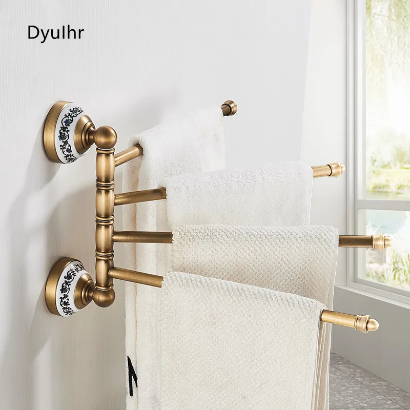 Retro bathroom swivel bar towel rack wall-mounted antique brass personality towel bar 4 bar 180 degree swivel towel rack DyuIhr