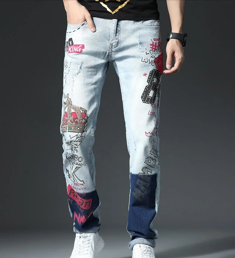 

Letter Mens Print Jeans Crown Jewels Pattern Painting Casual Elastic Cotton Denim Blue Pants Straight Slim Fit #A001