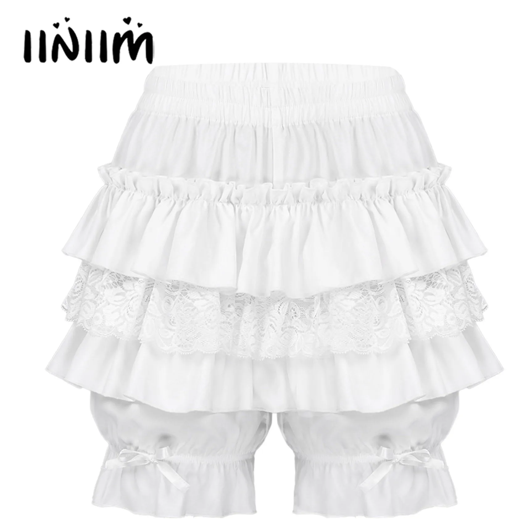 Womens Layered Ruffled Lace Trim Lolita Bloomers Shorts Mid Waist Bowknot Frilly Bloomers Gothic Pantaloons Victorian Cotume