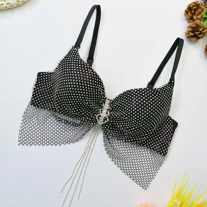 Sexy Women Bright Diamond Fishing Net Bustier Corset Colorful Butterfly Love Rhinestone Pendant Tassel Sleeveless Crop Tops q448