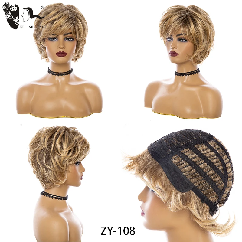 Mixed Brown Blonde Synthetic Wigs With Bangs For Women Short Natural Wave Fluffy Hair Heat Resistant Fiber Daily Wear Mommy Wigs