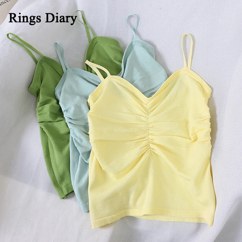 Rings Diary Women Knitting Tops Ruched Front Spaghetti Strrap Knit Crop Top Solid Color Summer V Neck Slim Fit Chic Sweet Tops