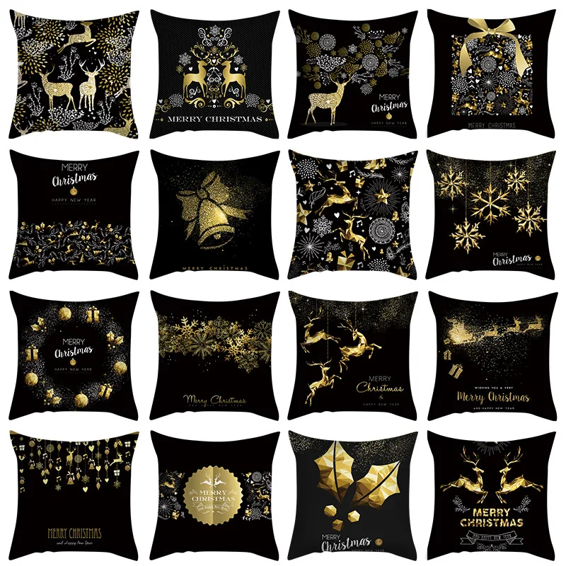 

45cm Christmas Black Gold Cushion Cover Merry Christmas Decorations for Home Cristmas Ornaments Natal Navidad Gift New Year 2022