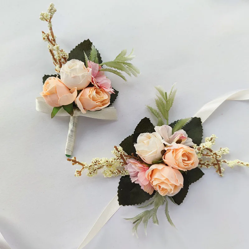 Ivory Groom Boutonniere szpilki akcesoria ślubne nadgarstek stanik bransoletka broszka kwiaty sztuczne jedwabne róże Buttonhole małżeństwo