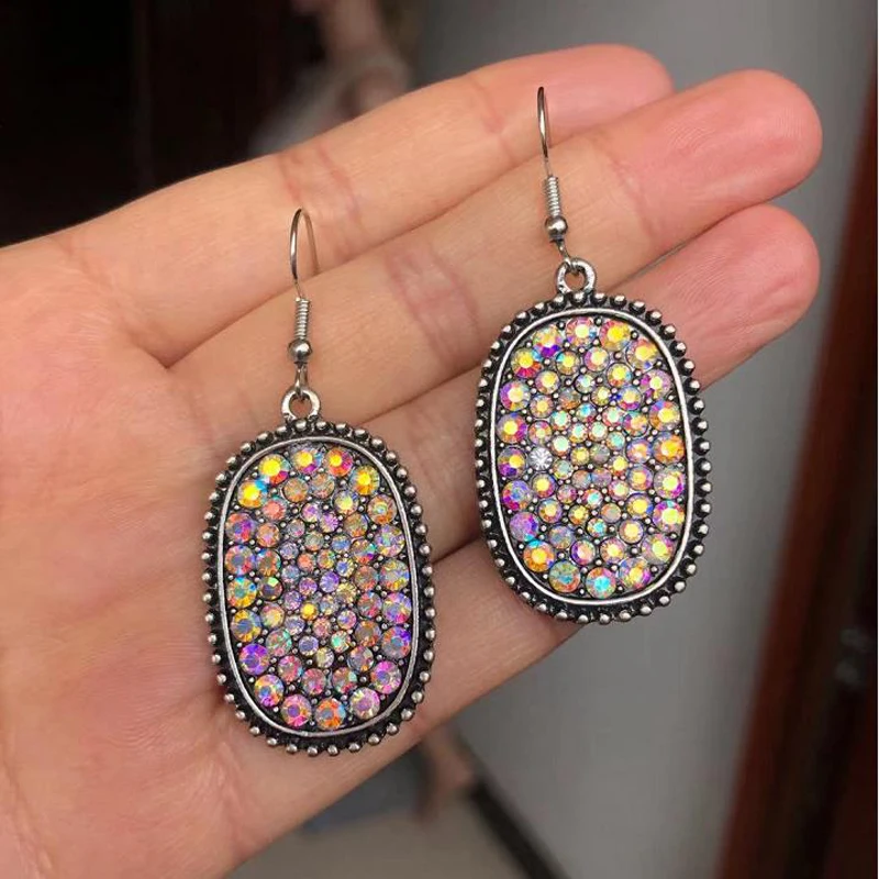 New Square Vintage AB Color Circle Pave Crystal Oval Drop Earrings for Ladies