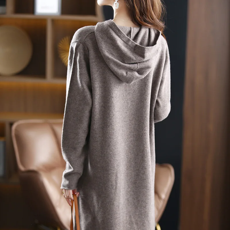 New 100%Pure Cashmere Dress Women Long Knit Hooded Sweater 2024 Winter Loose Wool Thick Large Size High Waist Bag Hip Long Skirt