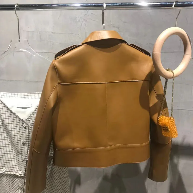 ฤดูใบไม้ผลิและฤดูใบไม้ร่วงผู้หญิงเสื้อ2021ใหม่เสื้อผ้าแฟชั่น Luxury Real Sheepskin คอปกเสื้อจีบกระเป๋า