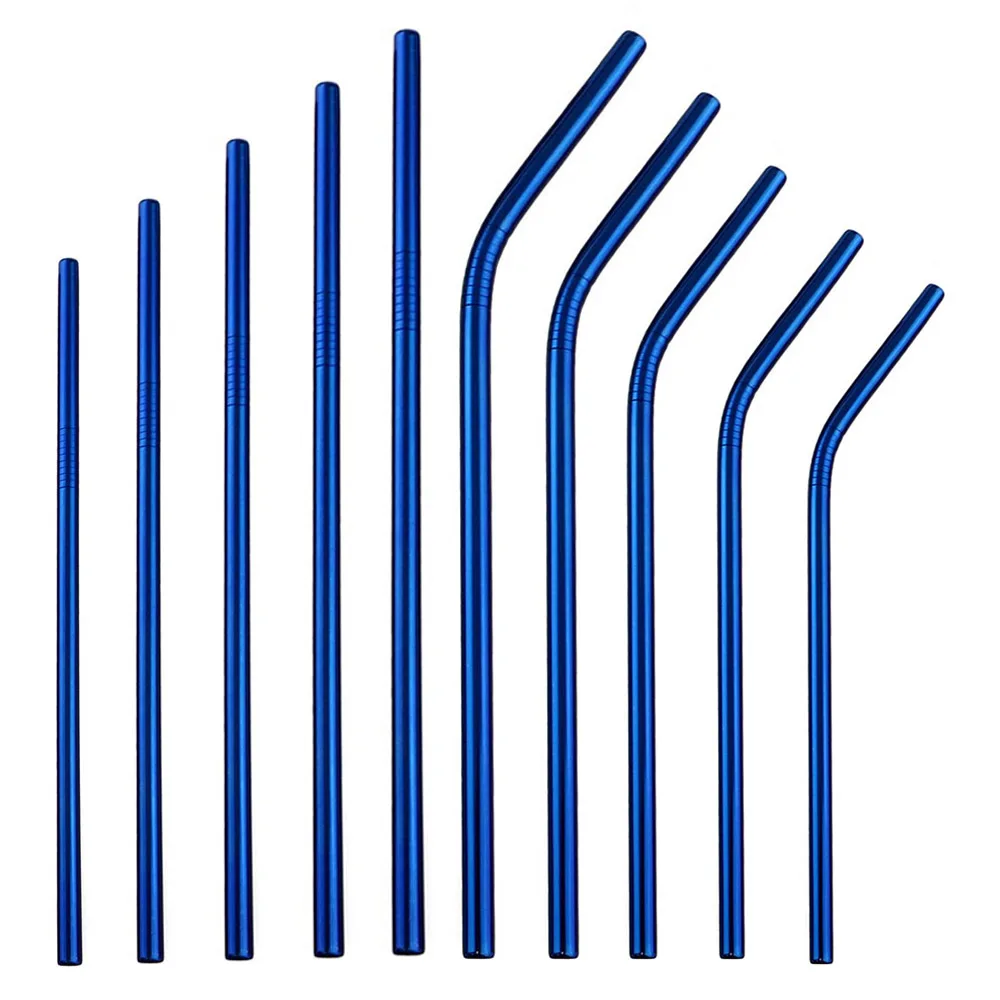 100Pcs Bend Blue 304 Stainless Steel Reusable Metal Straw Drinking Straight Straws Fruit Juice Straw With Cleaning Brush