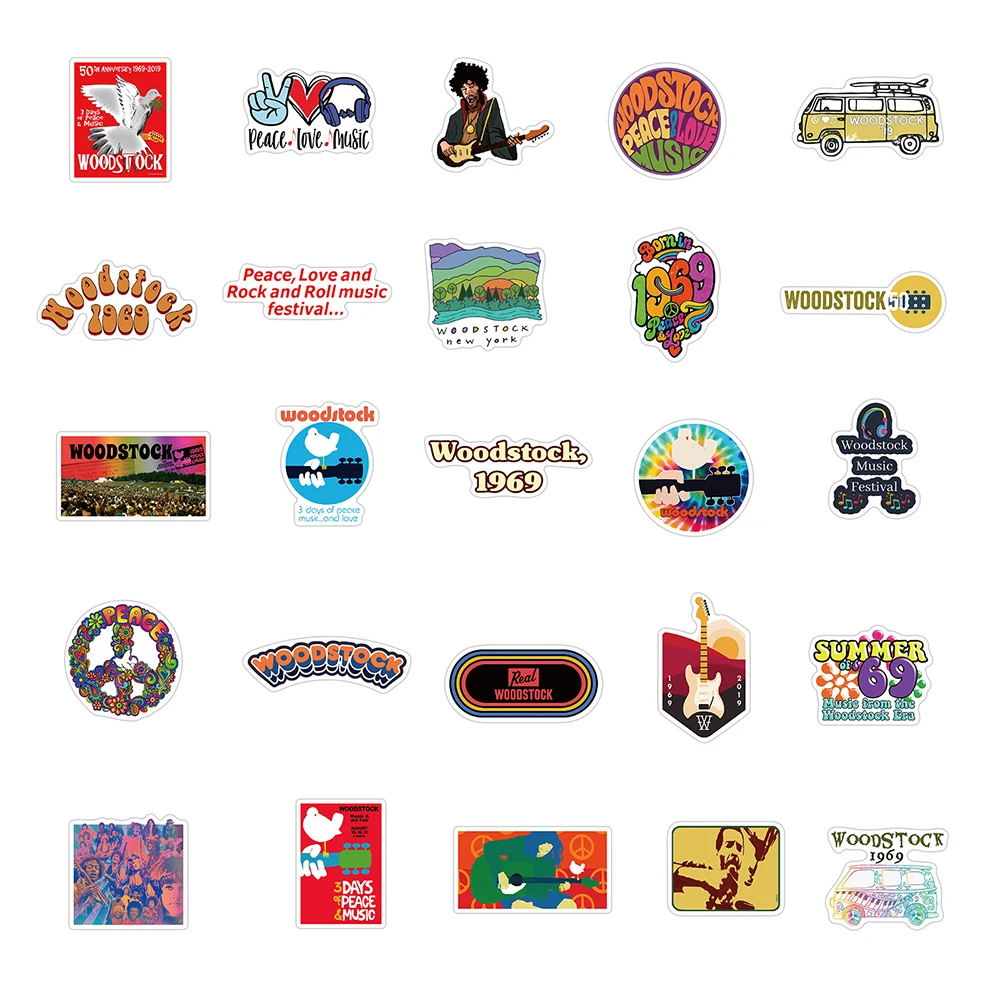 10/30/50PCS Woodstock Music Festival Stickers Laptop Guitar Luggage Skateboard Waterproof Cool Sticker Decal Kid Classic Toys