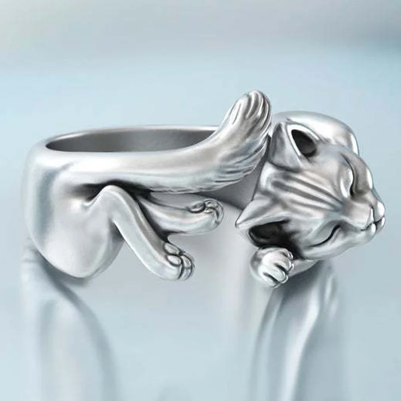 New Vintage Cute Cat Rings Women Jewelry Birthday Gift Trendy Open Size 925 Sterling Silver Ring Girl Party Accessories KOFSAC