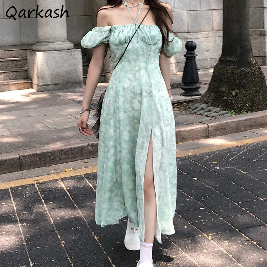 

Dresses Women Halter Elegant Summer Puff Sleeves Side Slit Fashion Ladies Korean Style Daily Street Wear A-line Casual Soft New