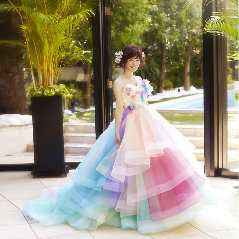 Vestidos de novia coloridos con flores en 3D, vestido de novia de tul, línea A, con volantes, largo, para baile de graduación, sin hombros, Formal, hecho a medida