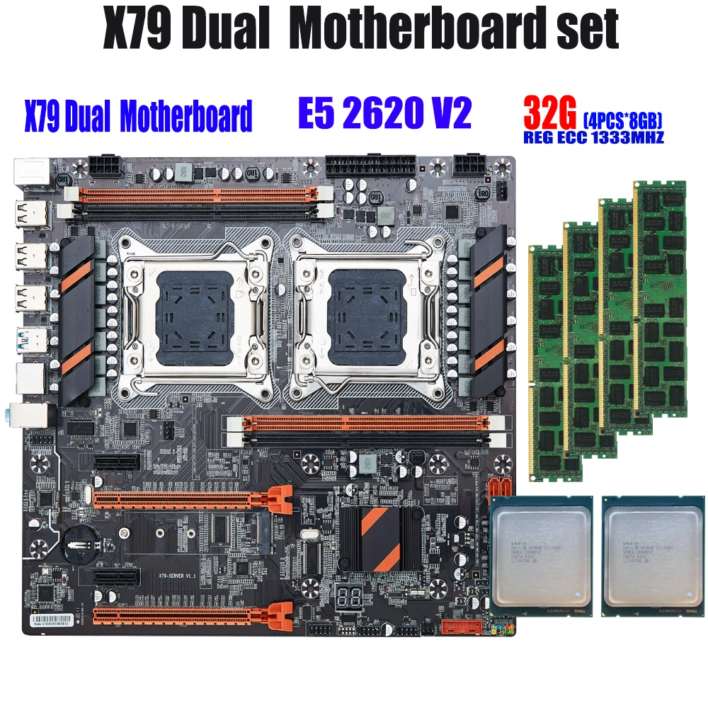 QIYIDA X79 Dual CPU motherboard set with 2 × Xeon E5 2620 V2 4 × 8GB = 32GB 1333MHz PC3 10600 DDR3 ECC REG memory