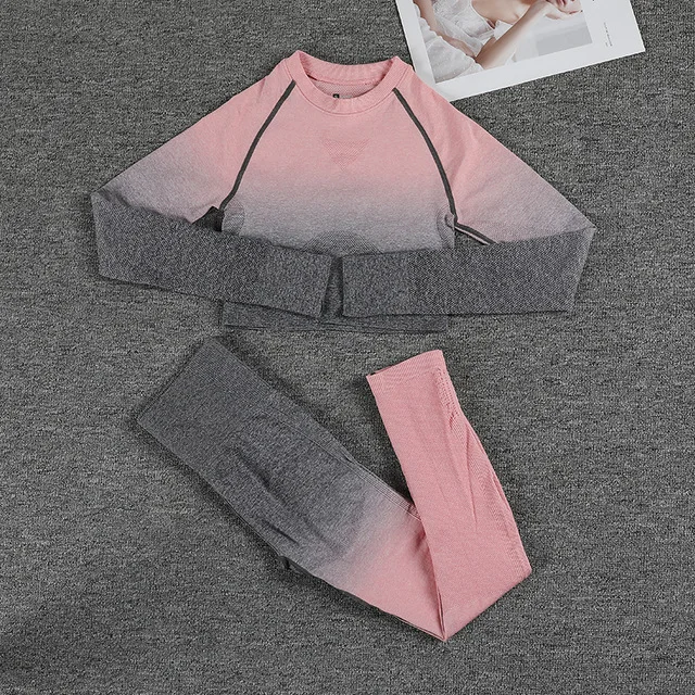 Sem costura gradiente legginsy + manga longa conjunto de yoga feminino colheita typu superior cintura alta calças esportivas ginásio