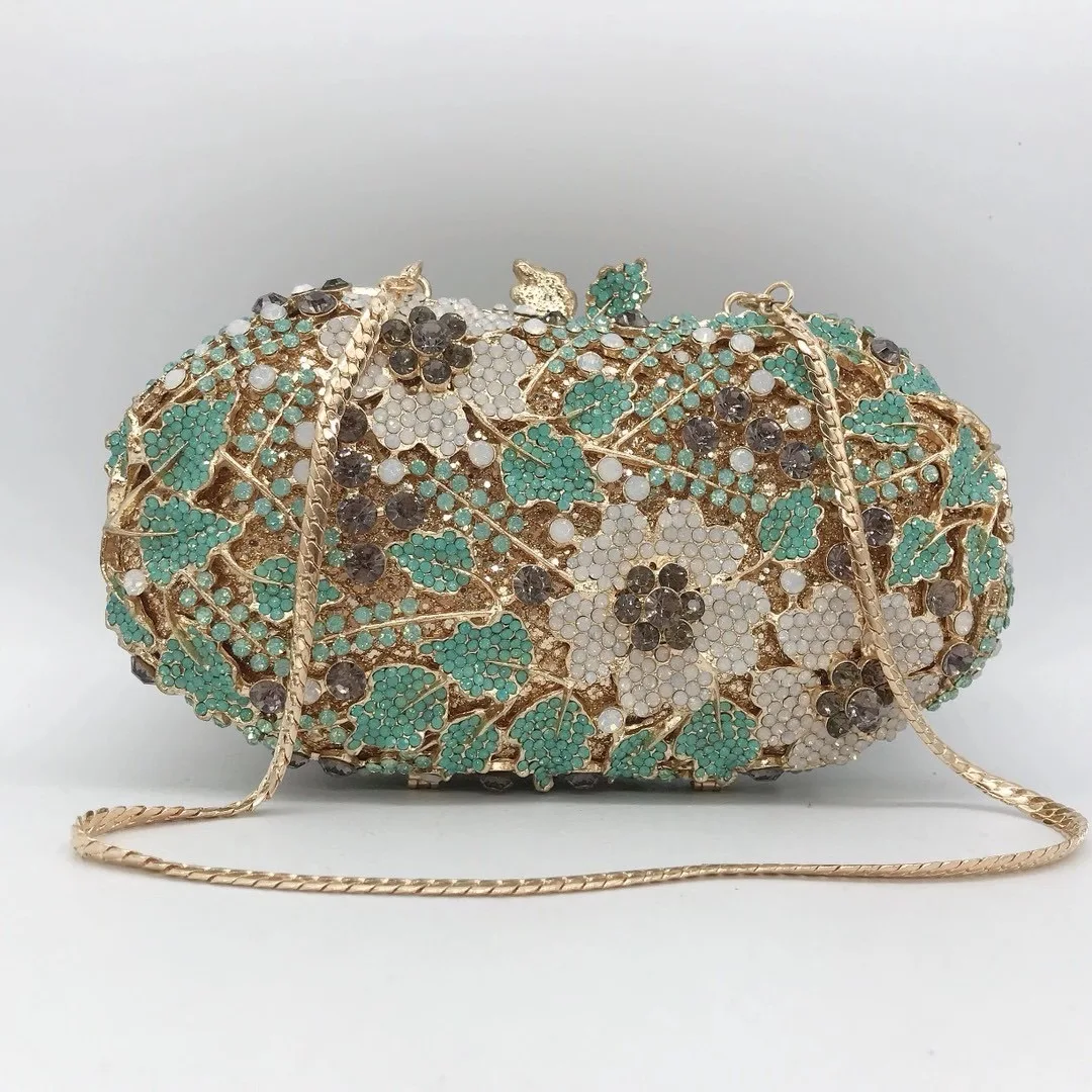 Women Green/White Crystals Clutch Evening Purse Stones Minaudiere Rhinestones Bags Bridal Diamond Handbags Wedding Dinner Purses