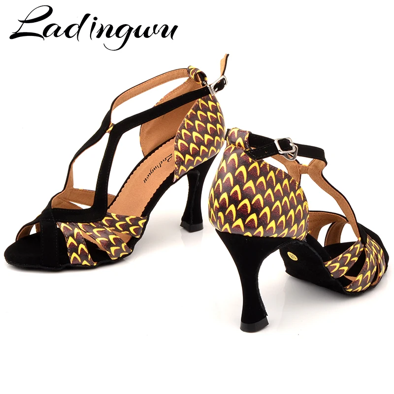 Zapatos de baile Ladingwu, zapatos de baile latino de cuero con estampado africano para mujer, zapatos de baile profesionales para Salsa, sandalias de baile de 9cm