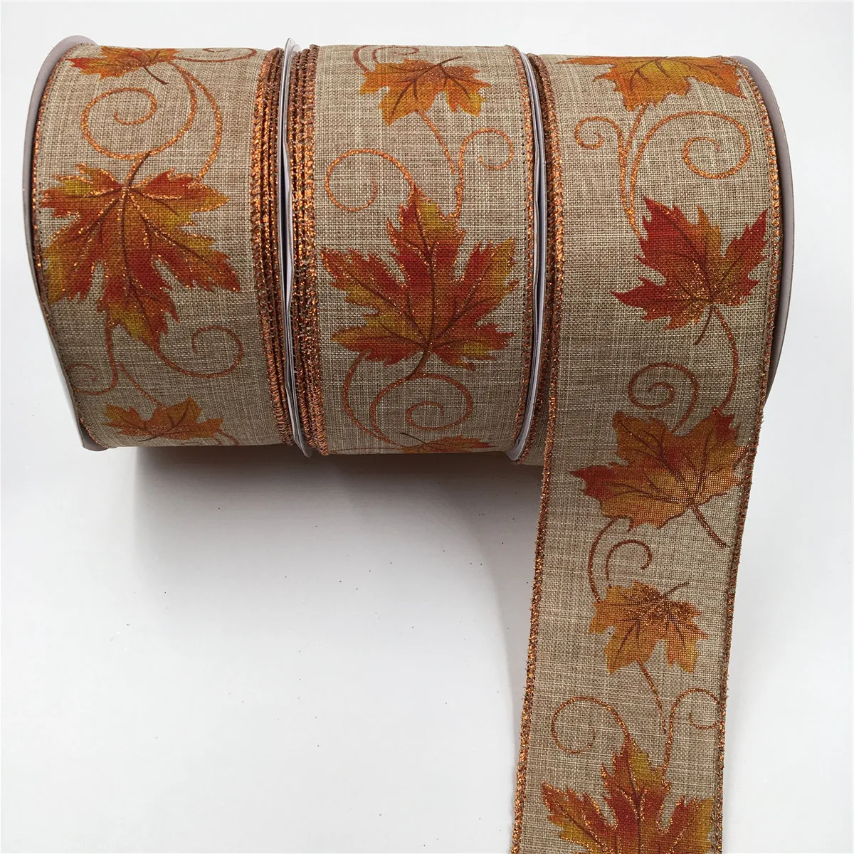 

25Yards 63MM Wired Edge Cotton Burlap Jute Ribbon With Orange Fall Leaves for Chirstmas Decoration Gift DIY Wrapping 2-1/2"