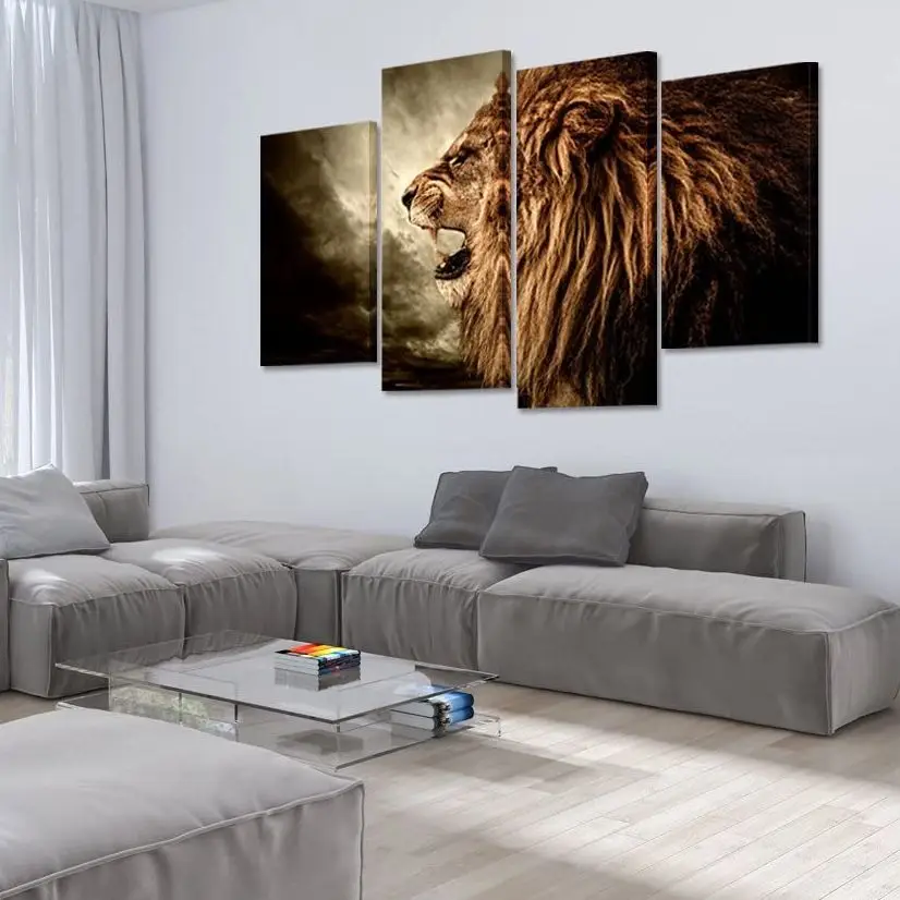 No Framed 4Panel Golden Lion Animal Modular Wall Art Canvas Poster Picture Print Paintings Home Decor for Living Room Decoration