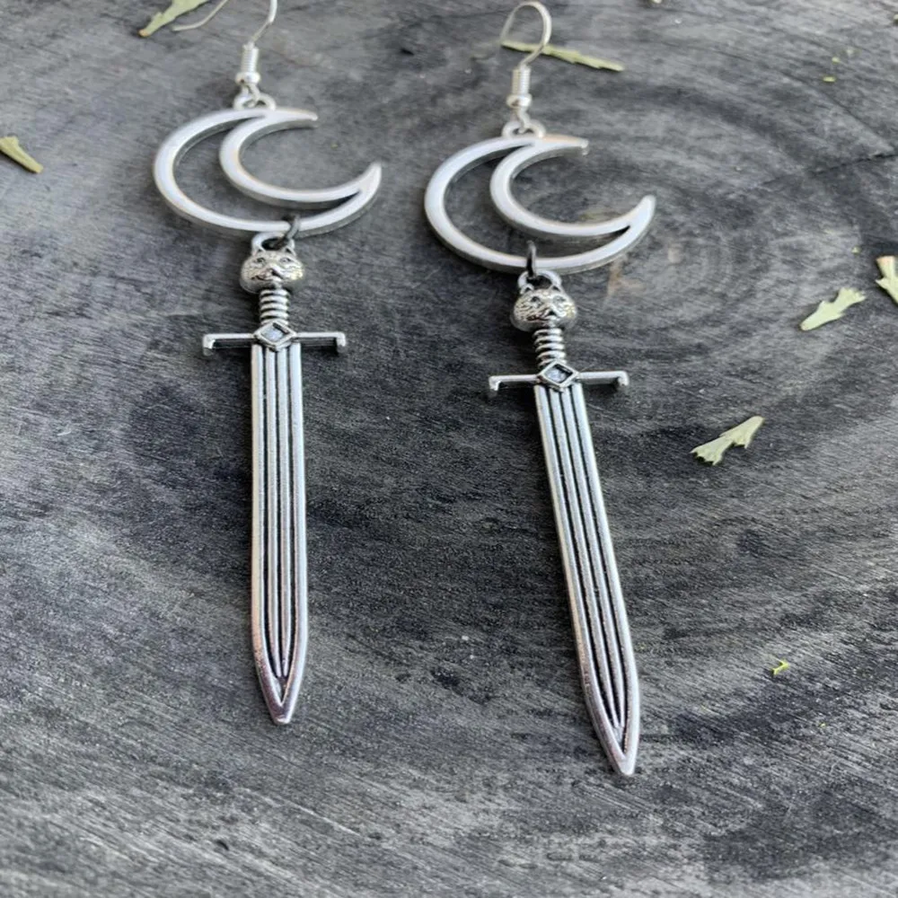 Moon Cat Sword Earrings Goth witch jewelry novelty beautiful charm women gift 2020 fashion Warrior eardrop dagger crescent