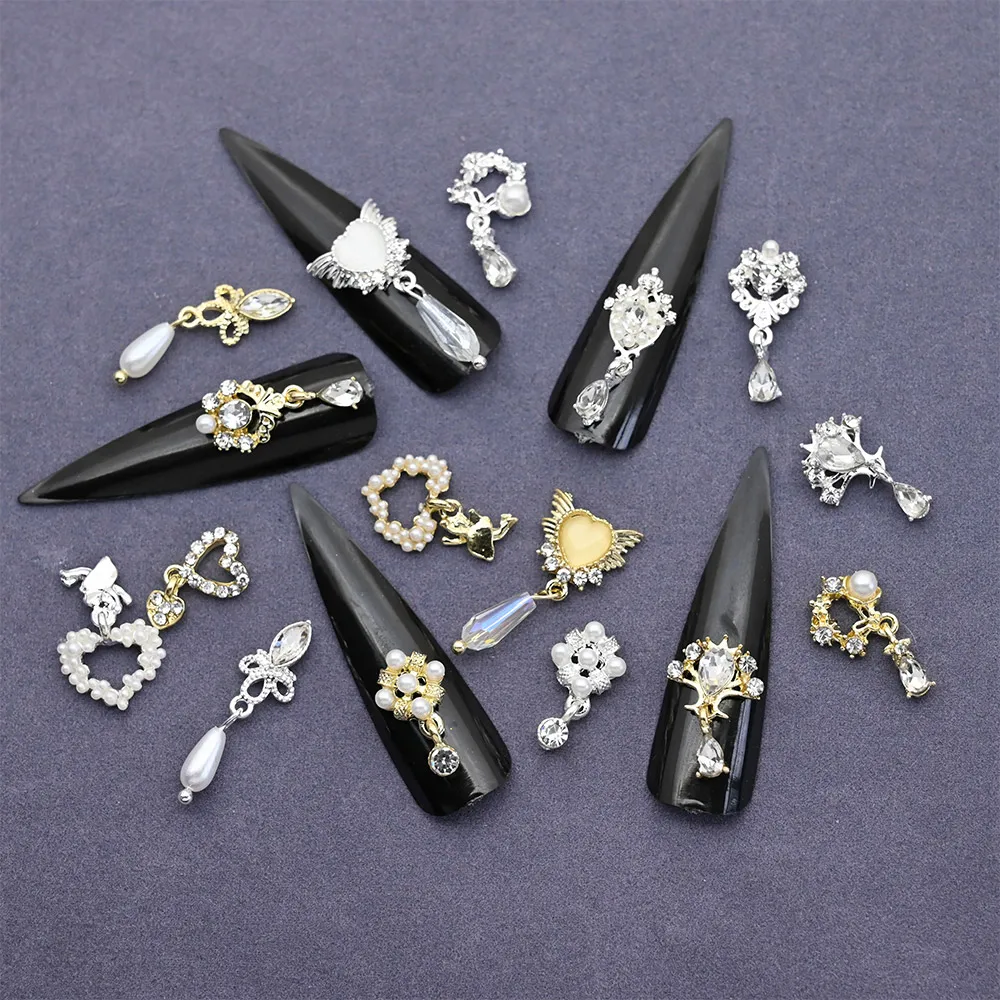 10Pcs 3D Dangle Nail Charms,Nail Jewelry Rhinestones/Heart Pearl Crystal Gems Decorations, Mixed Shape Metal Luxury Nail Alloy#