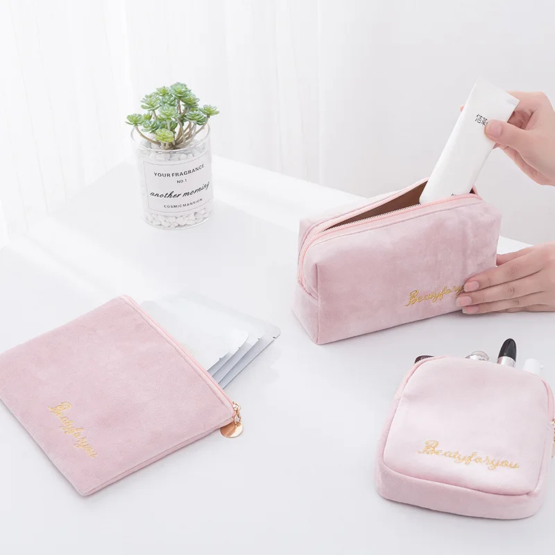 Women Cosmetic Bag Soft Velvet Make Up Storage Bag Pads Toiletry Package Travel Makeup Bag Organizer Pouch Beauty Case Wash Bag