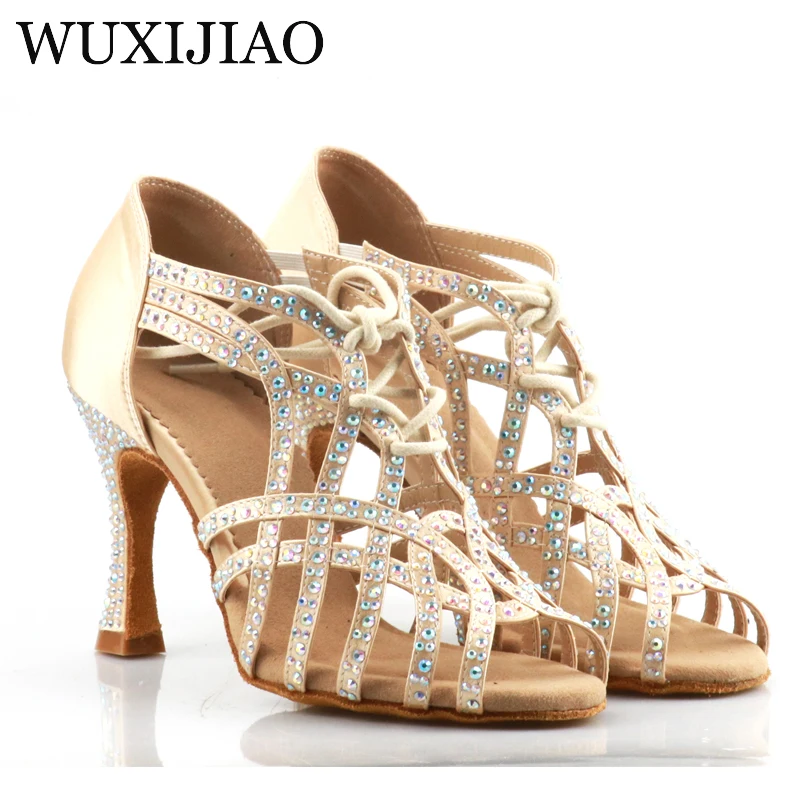 WUXIJIAO Shining Latin Dance Shoes Women Salas Ballroom Dance Shoes Pearl High Heel 9cm Waltz Software Shoes Selling Hot