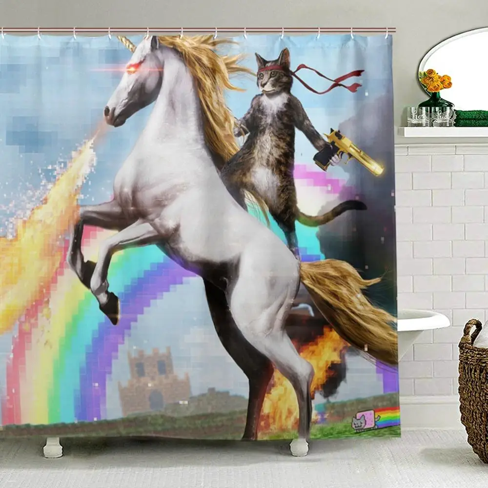 Waterproof Unicorn Shower Curtain Cat Hero With Gun Bath Curtain Polyester Fabric Washable Curtain Bathroom Decor With 12 Hooks