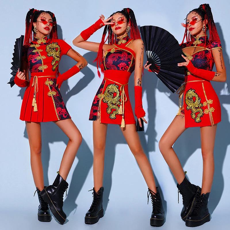 New Chinese Style Women Jazz Dance Costumes Hip-Hop Red Outfits Female Group Performance Stage Costumes Festival Outfits DQS6260