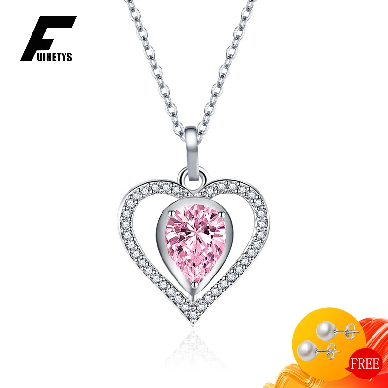 FUIHETYS Necklace 925 Silver Jewelry with Zircon Gemstone Heart Shape Pendant for Women Wedding Party Bridal Gifts Accessories