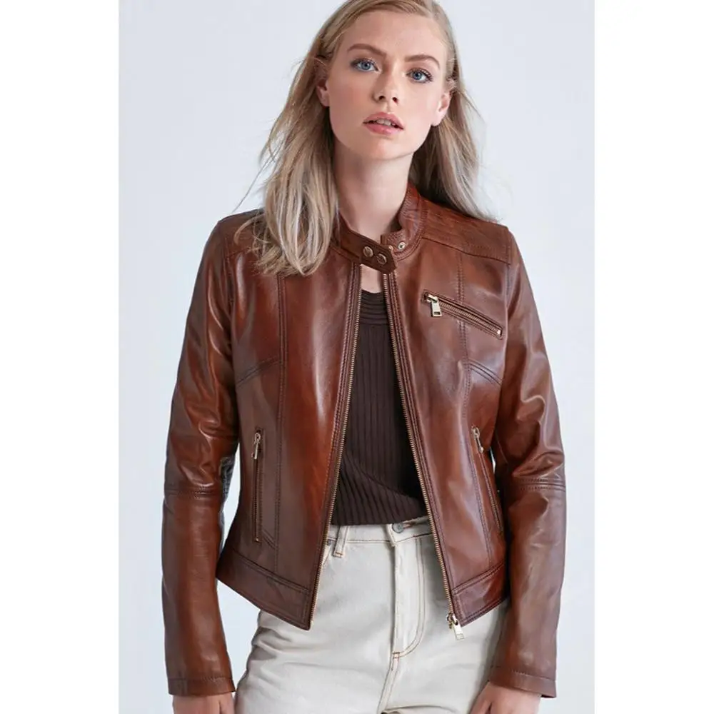 Chaqueta de motorista de piel de oveja auténtica para mujer, abrigos de cuero ajustados, prendas de vestir exteriores informales impermeables, ropa de moda para primavera y otoño