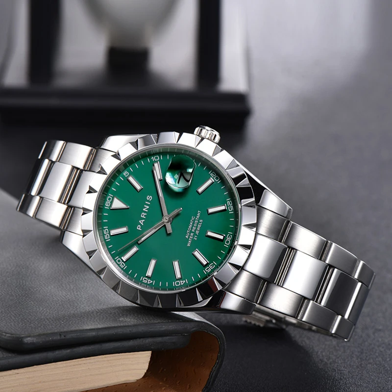 

PARNIS Green Automatic Men Watch Sapphire Crystal 21 Jewels MIYOTA 8215 Movement Steel Bracelet Sapphire Crystal Date Window