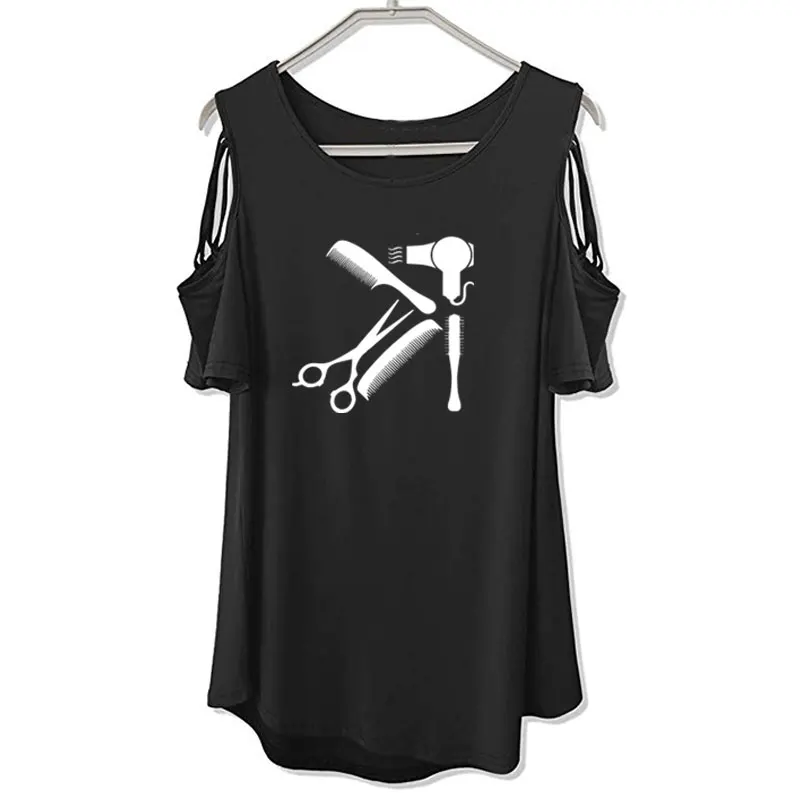 Art Hair salon Tee Shirt Hairstyle Barber Shirt śmieszne kobiety tumblr moda krótki rękaw damskie topy Off The Shoulder Hollow Tee