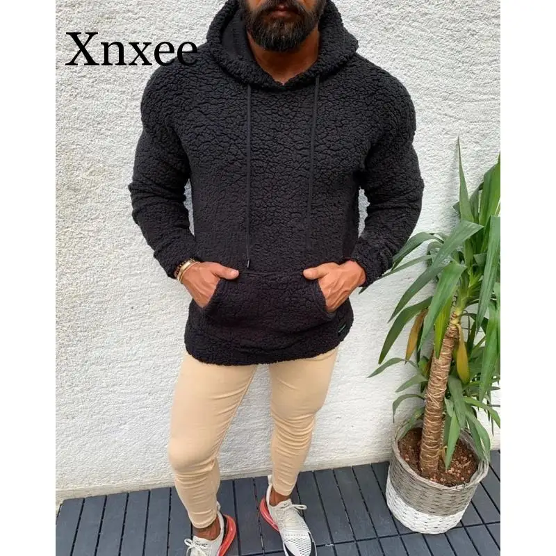Beige Winter Hooded  Sweater Short Big Pocket Teddy Fleece Fluffy Pullovers Men's  Warm Fleece Tops Streetwear