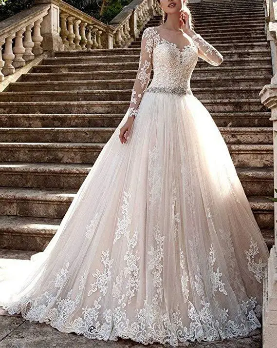 

Long Sleeves Lace Wedding Dresses Scoop Neck Illusion Ball Gown Bridal Gowns Robe De Mariage Custom Made 2020 Sweep Train