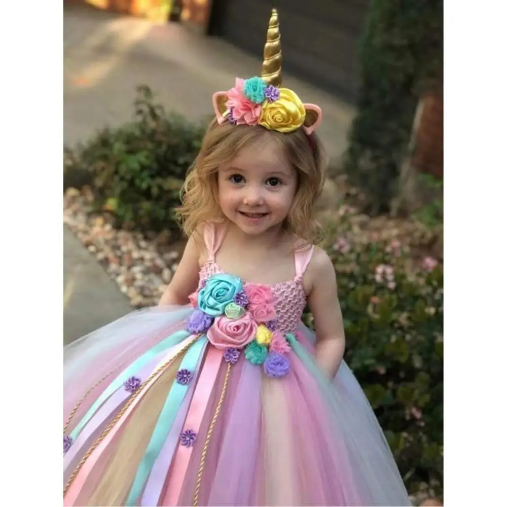 Lovely girl long dress Unicorn hair band flower dress princess, birthday party dress, evening dress