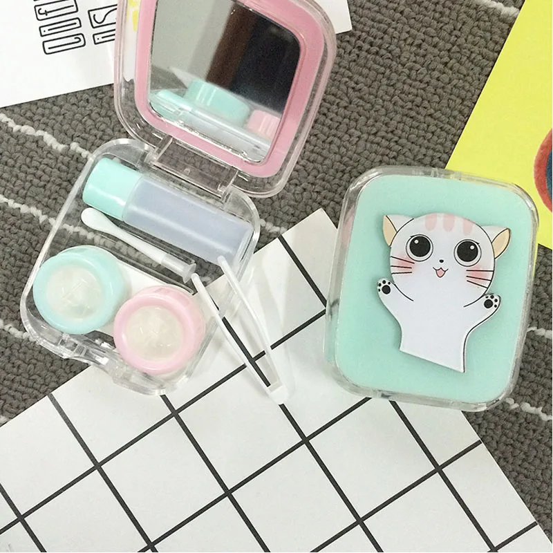 Lymouko Hot Sale Cartoon Cute Cat Portable with Mirror Contact Lens Case for Lovers Gift Contact Lenses Box