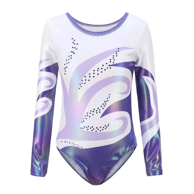 Children Girls Dance Leotard Diamante Long Sleeve Ballet Practice Dance Wear Gymnastics Bright Color Body Suits