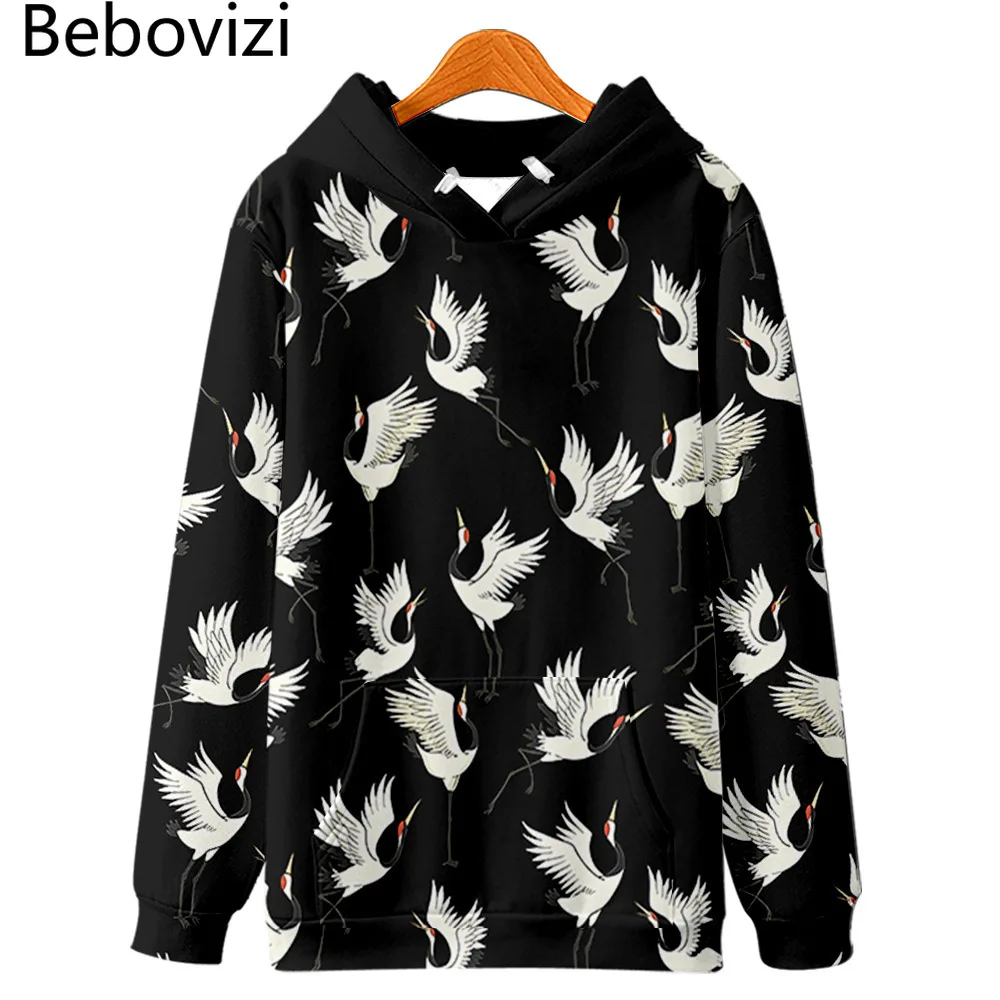 

Autumn Men Casual Oversized Black Hooded Hoodie Harajuku Chinese Style Crane Print Hoodie Sweatshirt Hip Hop Pullover 2021