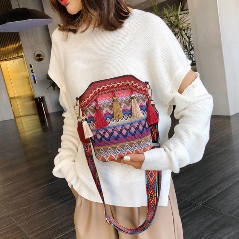 Vintage Ethnic Shoulder Bag Embroidery Boho Hippie Tassel Tote Messenger Beach Crossbody Women Girls Purse Phone Wallet Pouch