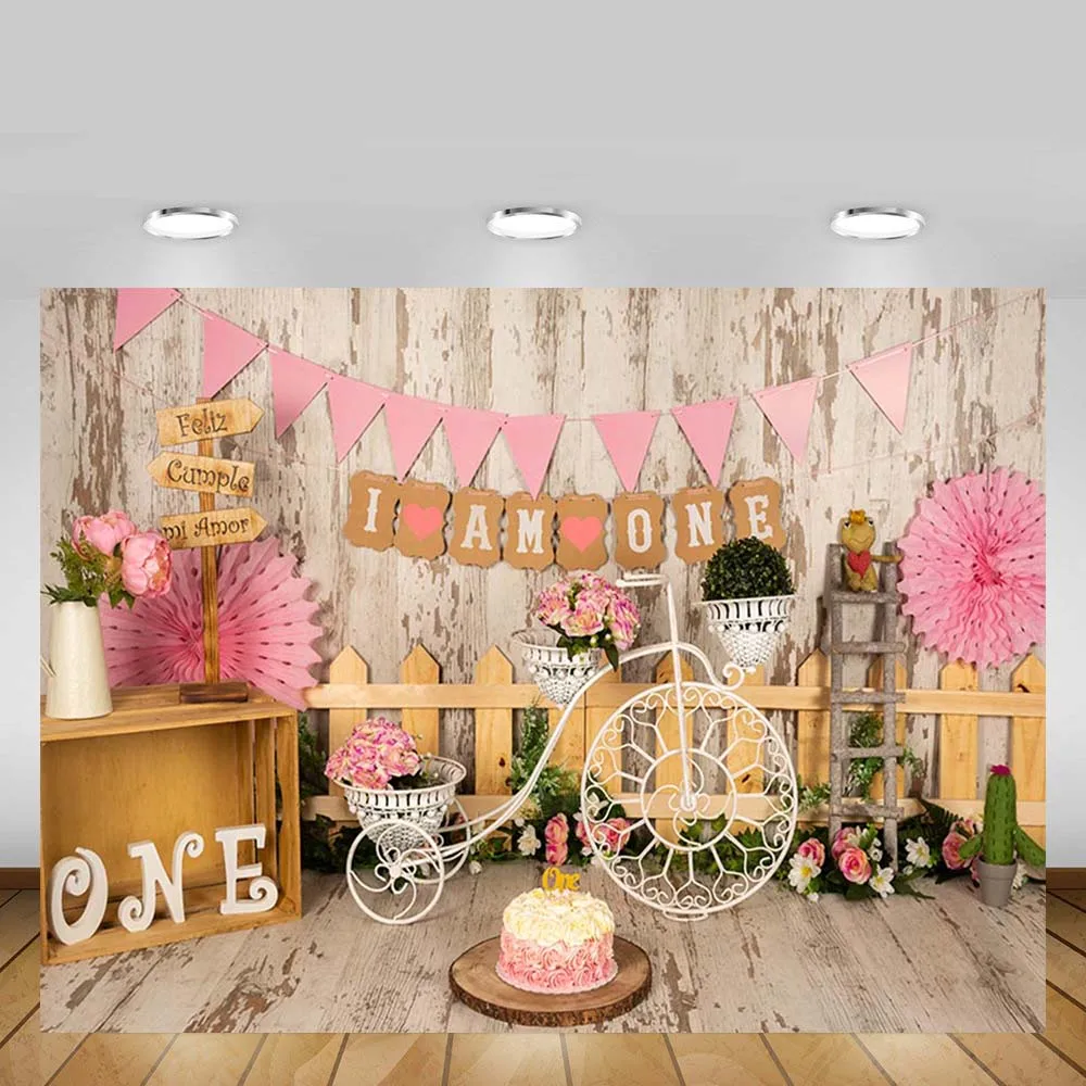 Mehofond Cake Smash Photography Backdrops Girl 1st Birthday Party Pink Flower Wooden Wall Decor Background Photophone Photozone