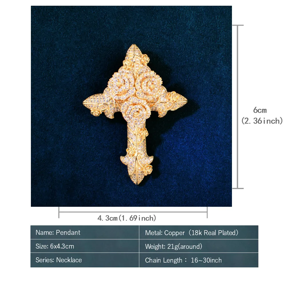 Rose Flower Jesus Cross Hip Hop Pendant Men Necklace Chain For Women Cubic Zirconia Rock Rapper Jewelry