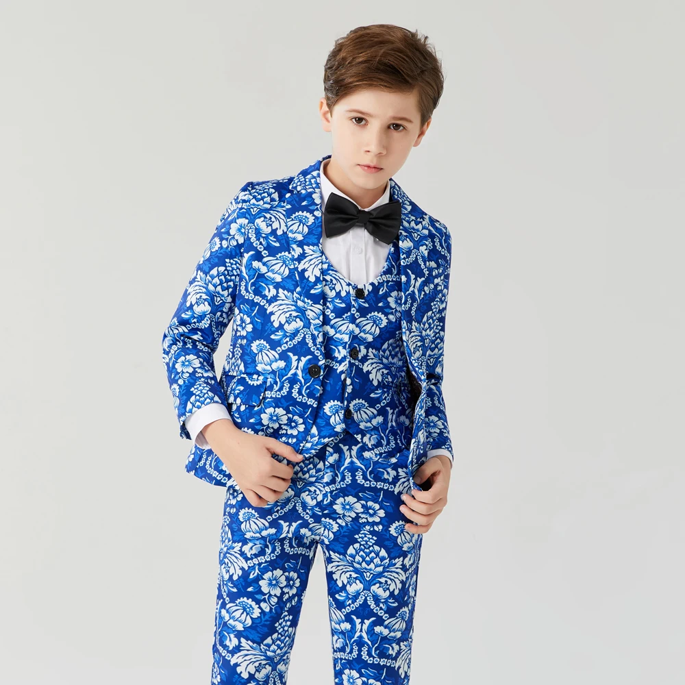 Children's Suits For Boy Formal Dress For Wedding Boy Suits Blazer Vest Pants British Style Floral Print  boy's blue print suit