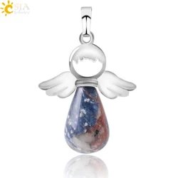 CSJA Natural Gem Stones Angels Pendant for Necklace Pink Quartz Aventurine Pendants Silver-color Water Drop Female Jewelry E949