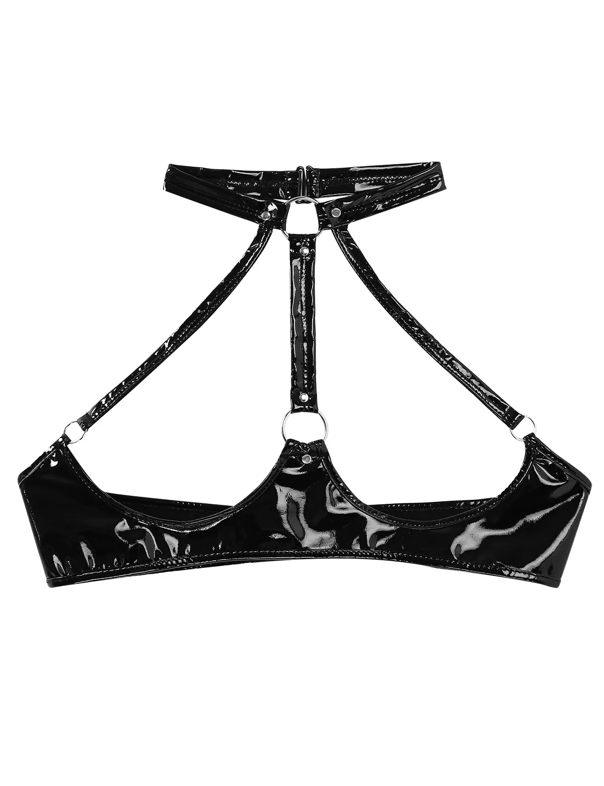 Women\'s Wet Look Patent Leather Bra Sexy Open Cups Nipple Wire-free Unlined Bra Lingerie Halter Neck Backless Crop Tops Clubwear