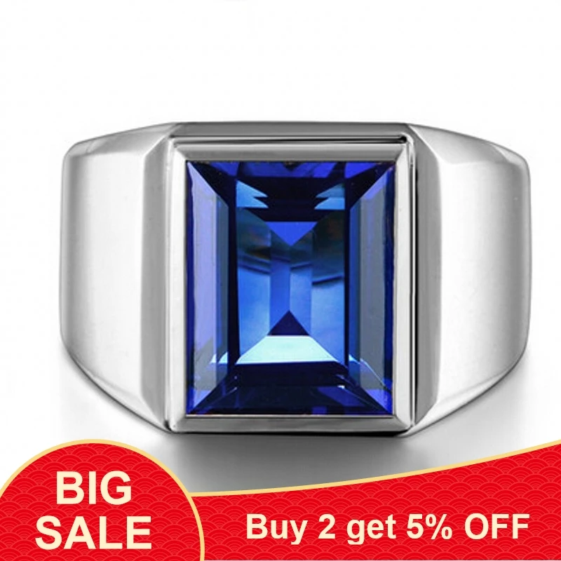 Handmade male ring 925 Sterling silver Big 8ct Blue AAAAA Zircon cz Statement Wedding Band Rings for men Finger Party Jewelry